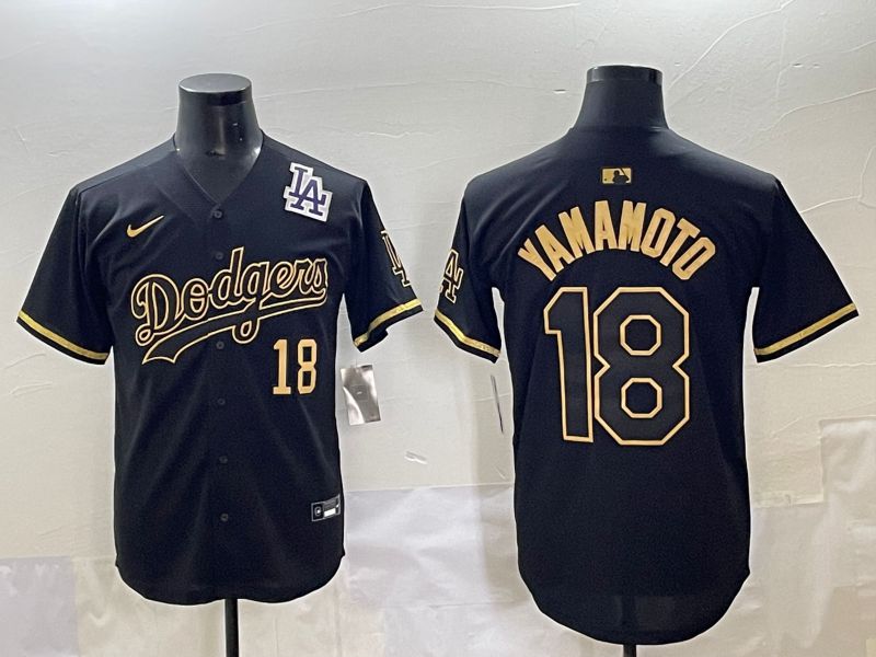 Men 2025 Los Angeles Dodgers #18 Yamamoto Black Gold Five generations Nike MLB Jersey style 12